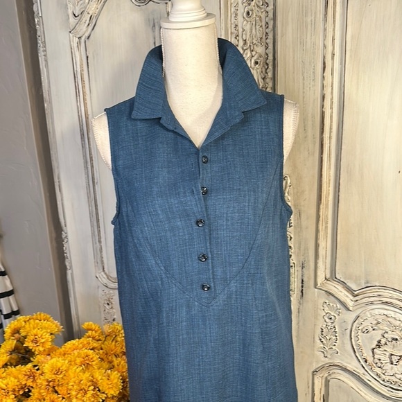 Tahari Sleeveless Linen Look Blue Button-Up Summer Dress - Picture 2 of 10